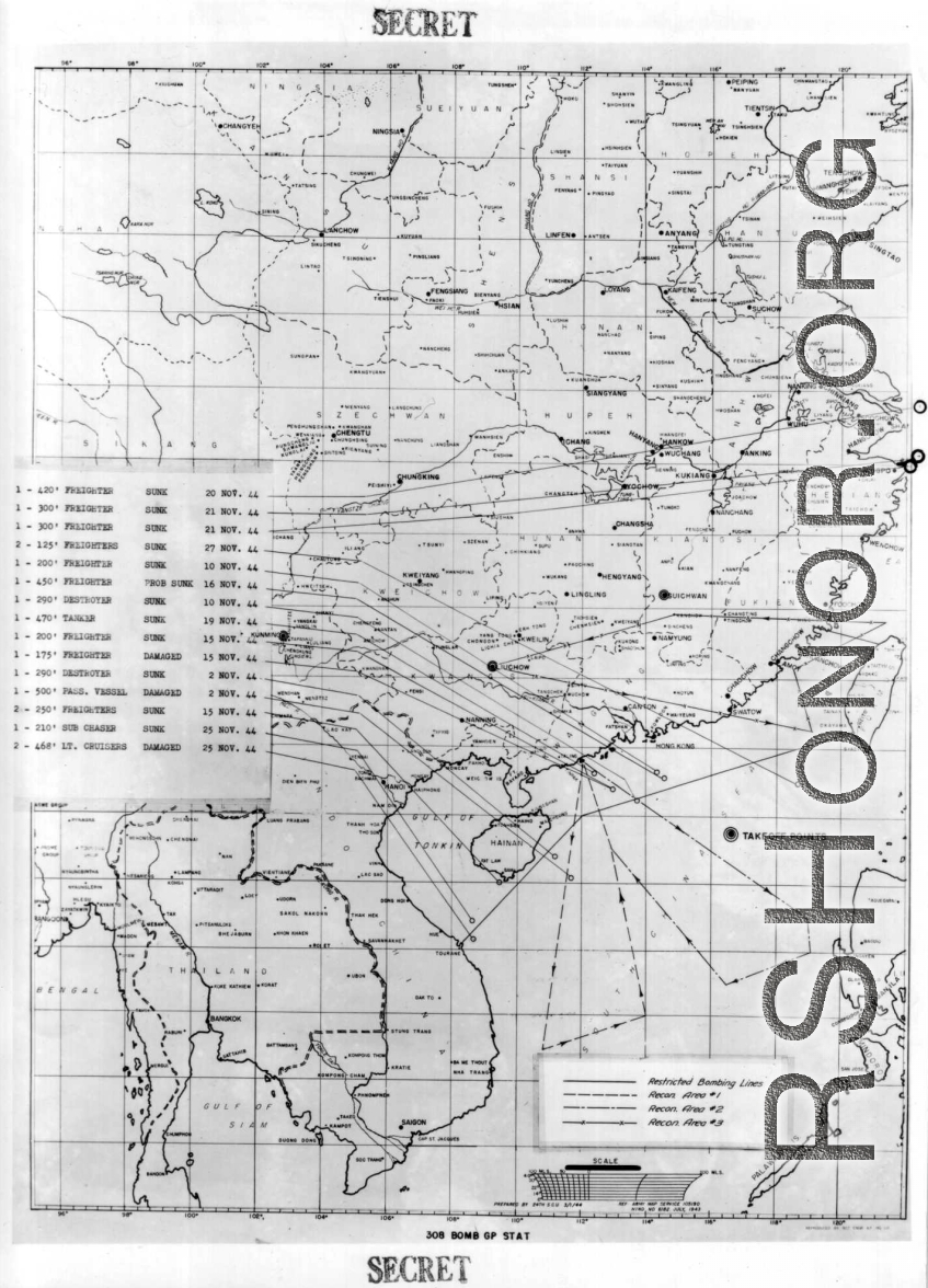 Sea sweep air mission map for November 1944, showing locations near or in China where attacks were made on Japanese targets by U. S. aircraft.  From the U.S. Government sources.