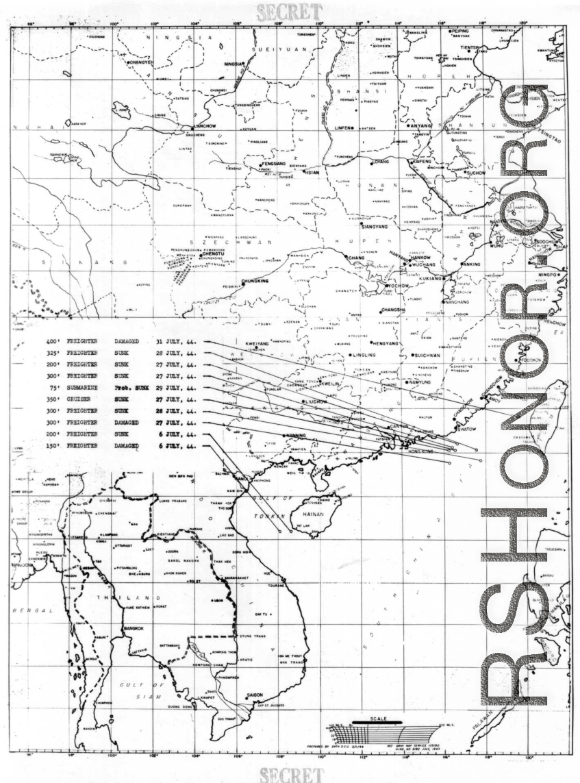 Sea sweep air mission map for July 1944, showing locations near or in China where attacks were made on Japanese targets by U. S. aircraft.  From the U.S. Government sources.