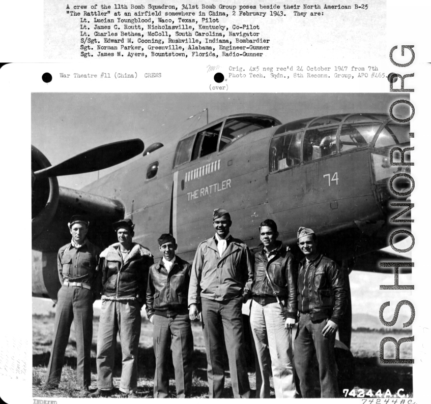 A crew of the 11th Bomb Squadron, 341st Bomb Group, stands beside their B-25 "The Rattler" somewhere in China on 2 February 1943.  They are:  Lt. Lucian Youngblood Lt. James C. Routt Lt. Charles Bethea S/Sgt. Edward M. Cooning Sgt. Norman Parker Sgt. James M. Ayers  Image courtesy of Tony Strotman.