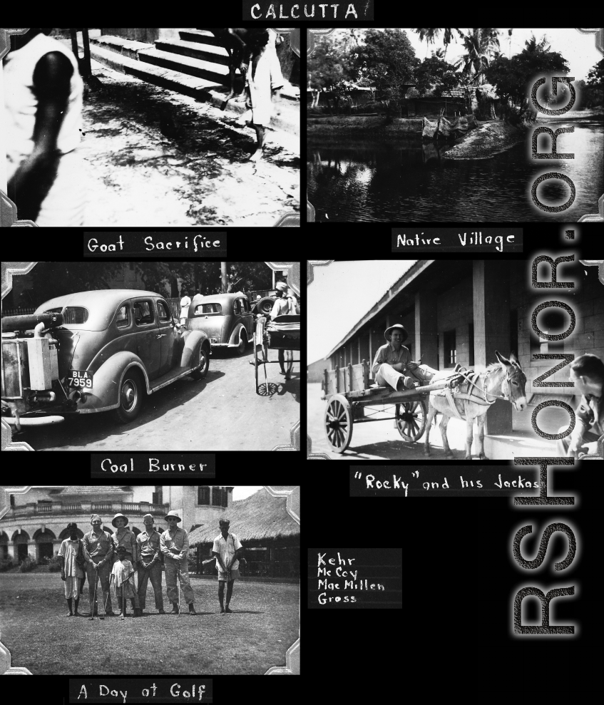 Scenes around Calcutta, India, during WWII, including a charcoal-burning car. GIs Kehr, McCoy, MacMillen, and Gross.
