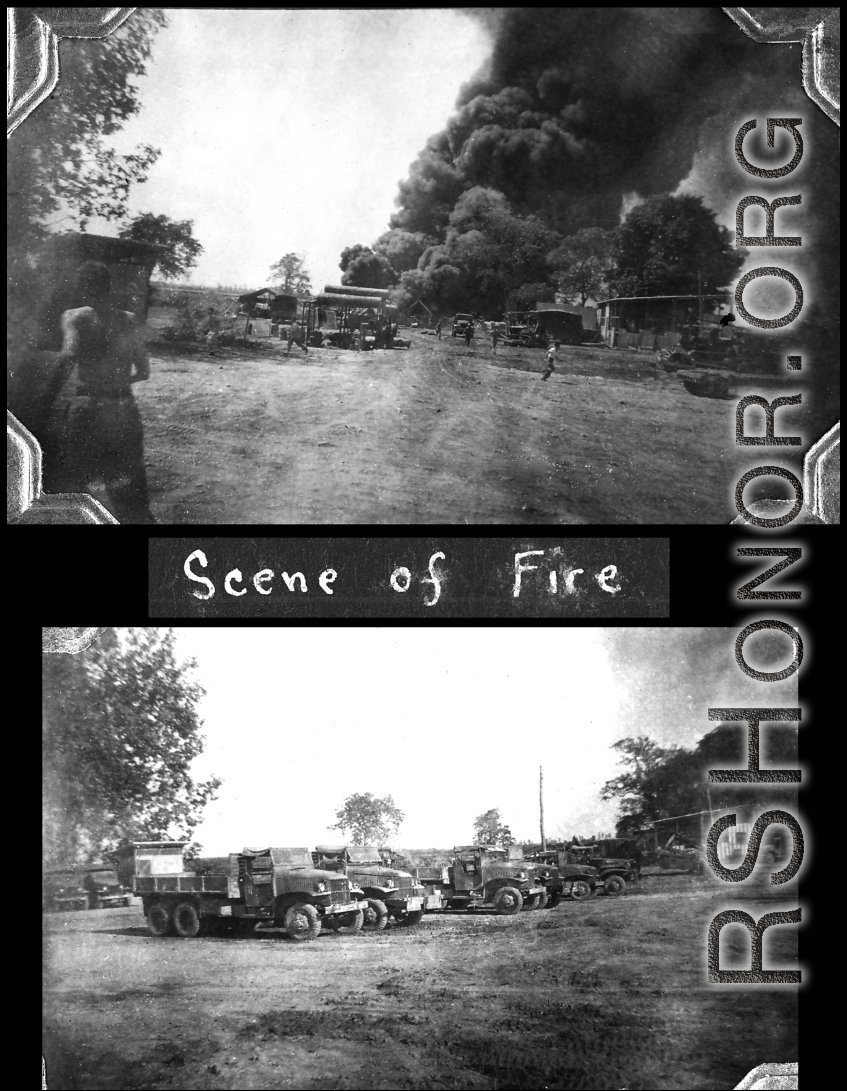 GIs fleeing a fire, 700 Engineer Petroleum Distribution Company (700 E.P.D. Co.), India. During WWII.