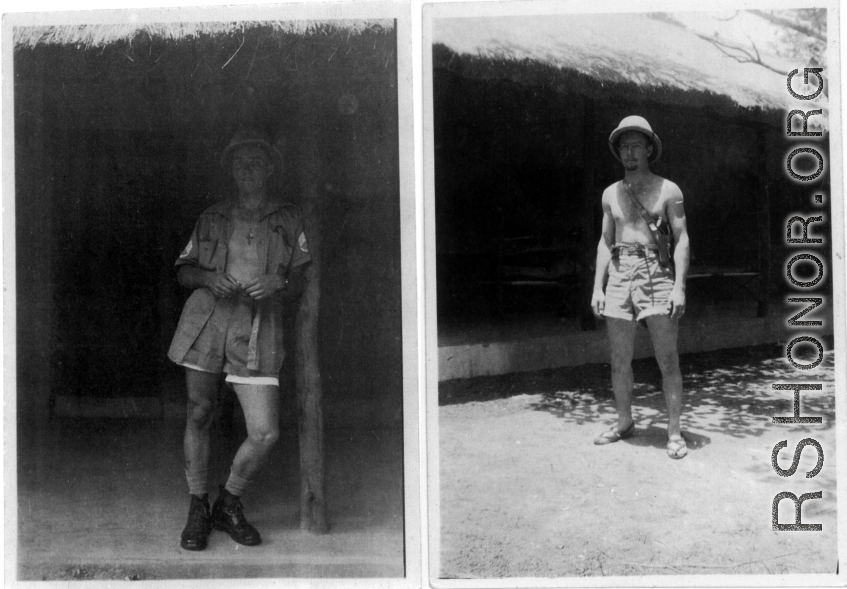 American flyers at barracks in a hot India. Left is unknown, right is T/Sgt. Roy Whistle (radio).