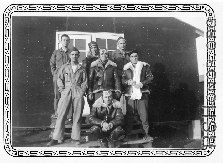 Crew during training, at Smoky Hill Air Base, Salina, Kansas, November 1942.  Rear: Russell F. Doman, Eduard Jean Charlet, unknown.  Middle: Unknown, George P. Sibulski, Thomas L. Grady.  Front (kneeling): Walter Kappel.