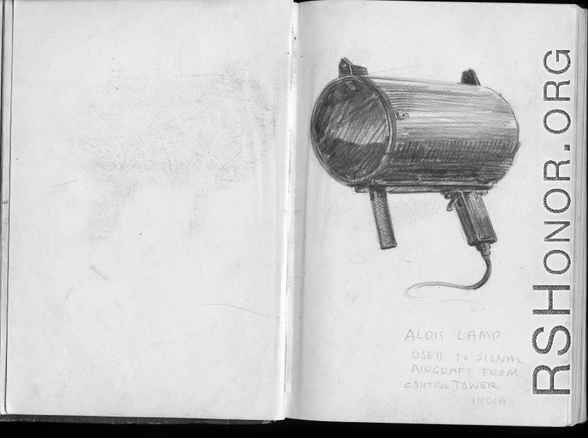 The wartime notebook of S/Sgt. Tom L. Grady. In his notebook, as a talented and curious young artist while in the CBI, he recorded scenes and vignettes that he saw in his life. He also recorded names and contact info for the people he met.  "Aldis lamp. Used to signal aircraft from control tower. India."