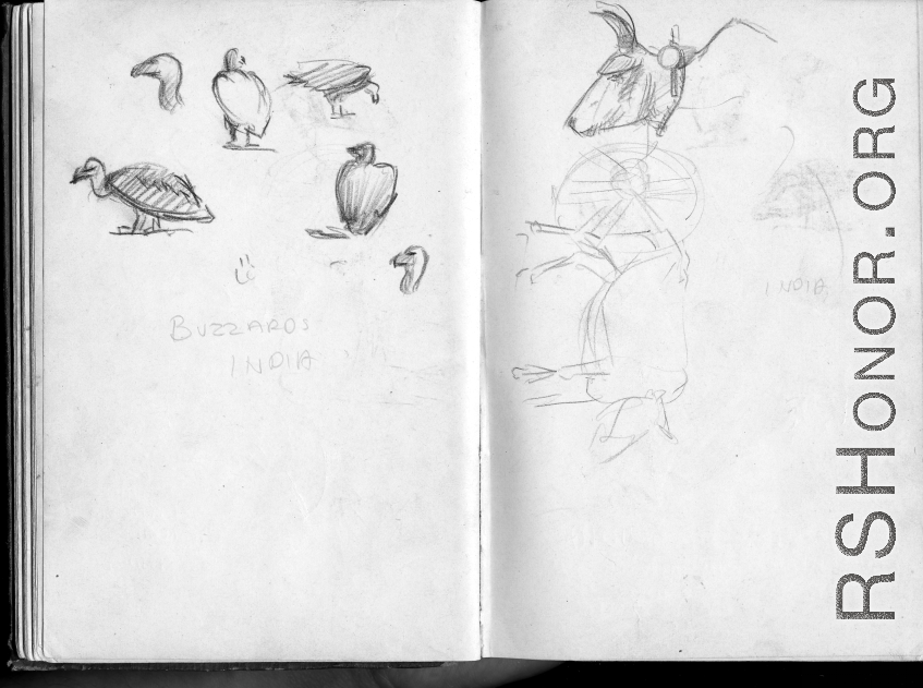 The wartime notebook of S/Sgt. Tom L. Grady. In his notebook, as a talented and curious young artist while in the CBI, he recorded scenes and vignettes that he saw in his life. He also recorded names and contact info for the people he met.  "Buzzards, India."