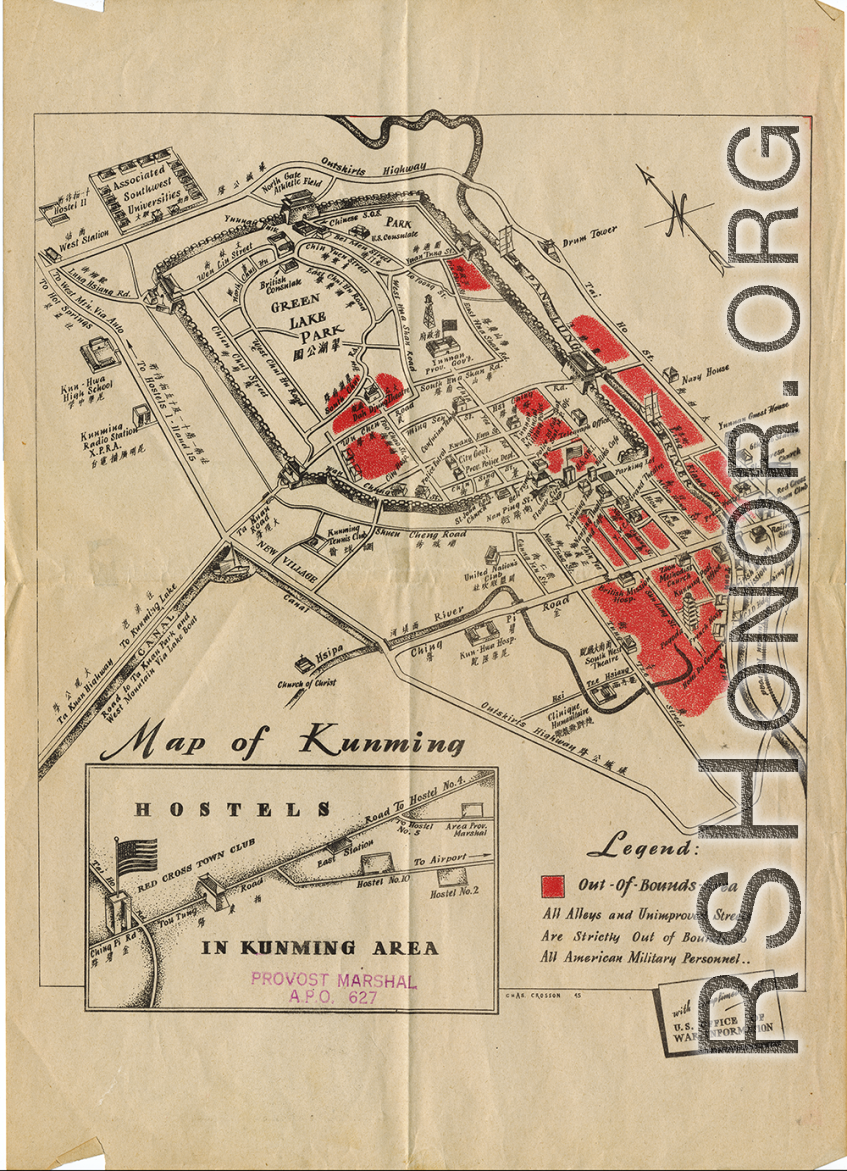 GI map of Kunming, APO 627, issued by the U.S. Office of War Information.