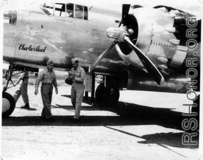 Major Gen. Charles B. Stone arrives on the B-25 "Charlie's Aunt" during a visit to Yangkai on the August 29, 1945.  Yangkai, APO 212, during WWII.
