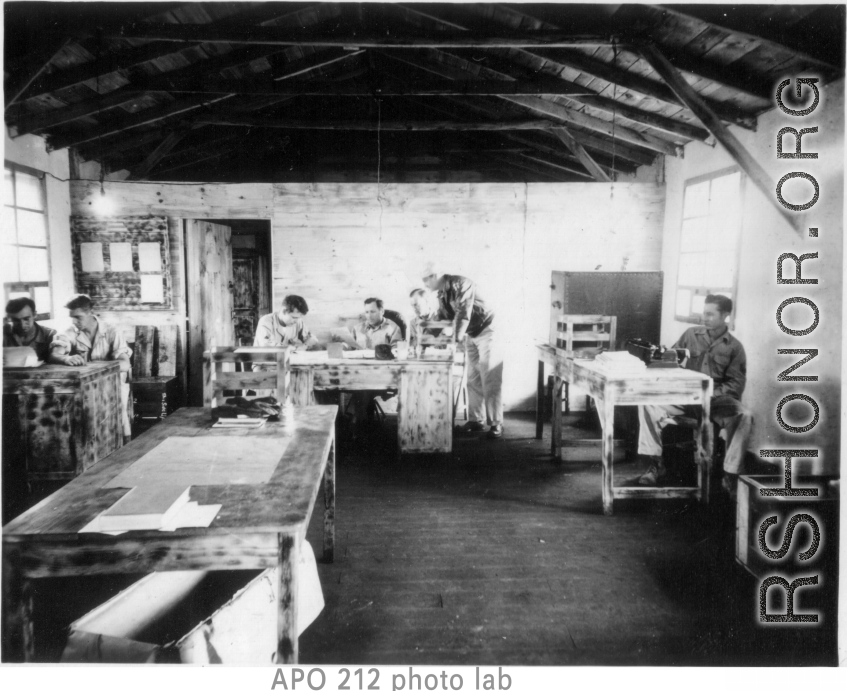 Photo lab at Yangkai, APO 212, during WWII, likely in 1945.