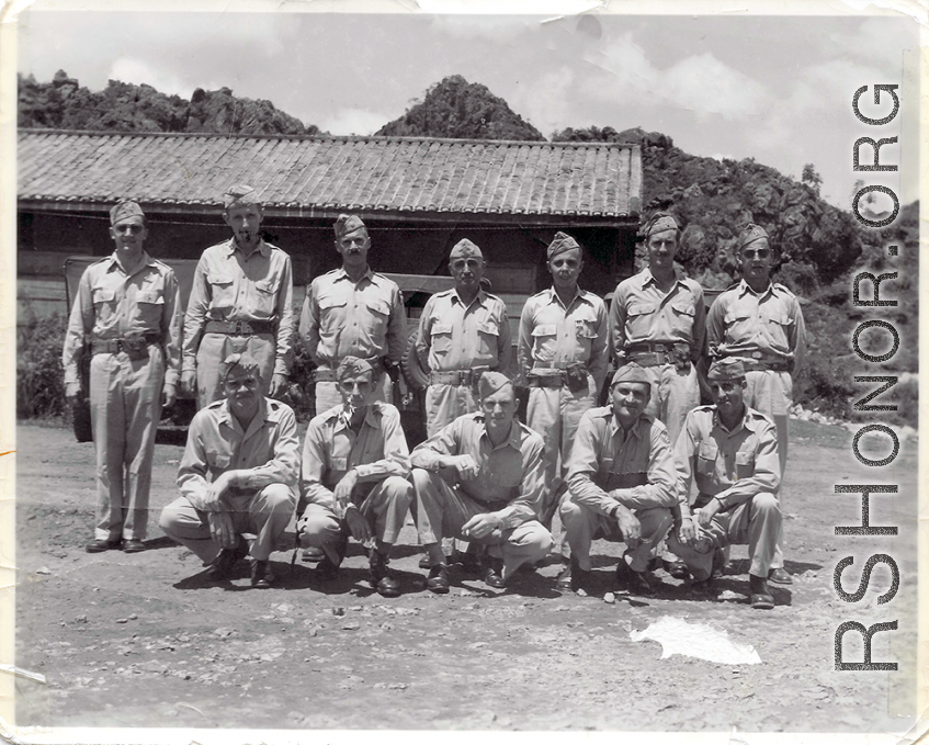 12th ASG Staff in China circa 1944-1945.  Standing (l-r): J. Pesek, Ed Sorden, R. Koshland, A. Binsfield, McMullen, V. Child, W. Moore.  Kneeling (l-r): Jim Webster, Lou Billings, F. Mulcahy, H. Deppe, J. McDivitt.