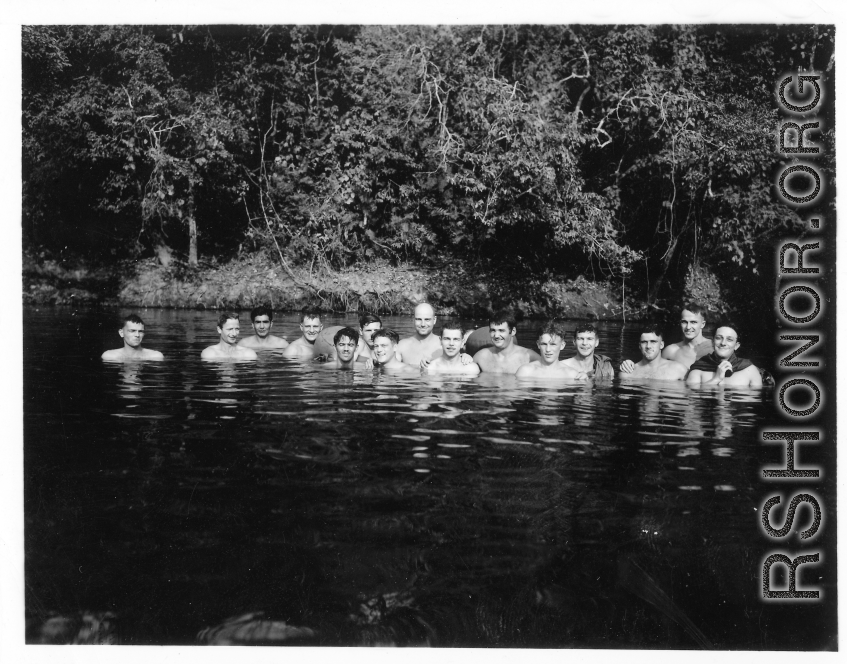 Engineers of the 797th Engineer Forestry Company pose while swimming in Burma.  During WWII.