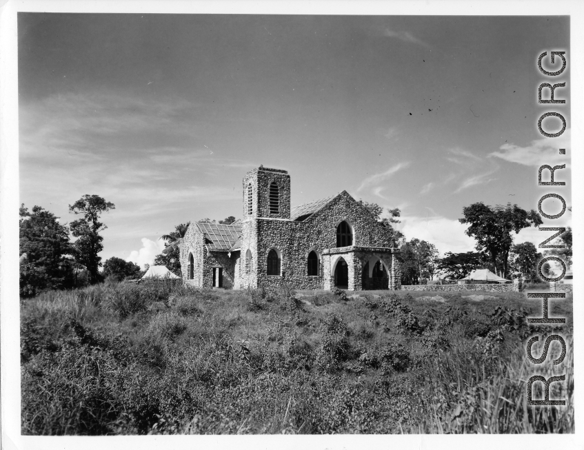 A church in Burma built with round river stones.  In Burma near the 797th Engineer Forestry Company.  During WWII.