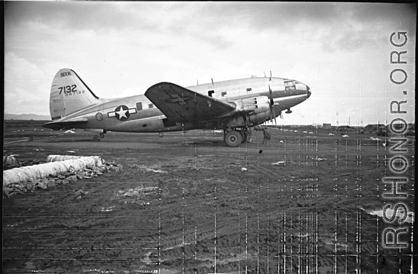 C-46 transport airplane #347132 at an American base in Yunnan, China, during WWII.
