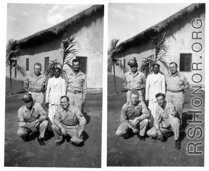 Men of the 2005th Ordnance Maintenance Company,  28th Air Depot Group, possibly in Barrackpore, India, pose with local man, possibly their barracks attendant.