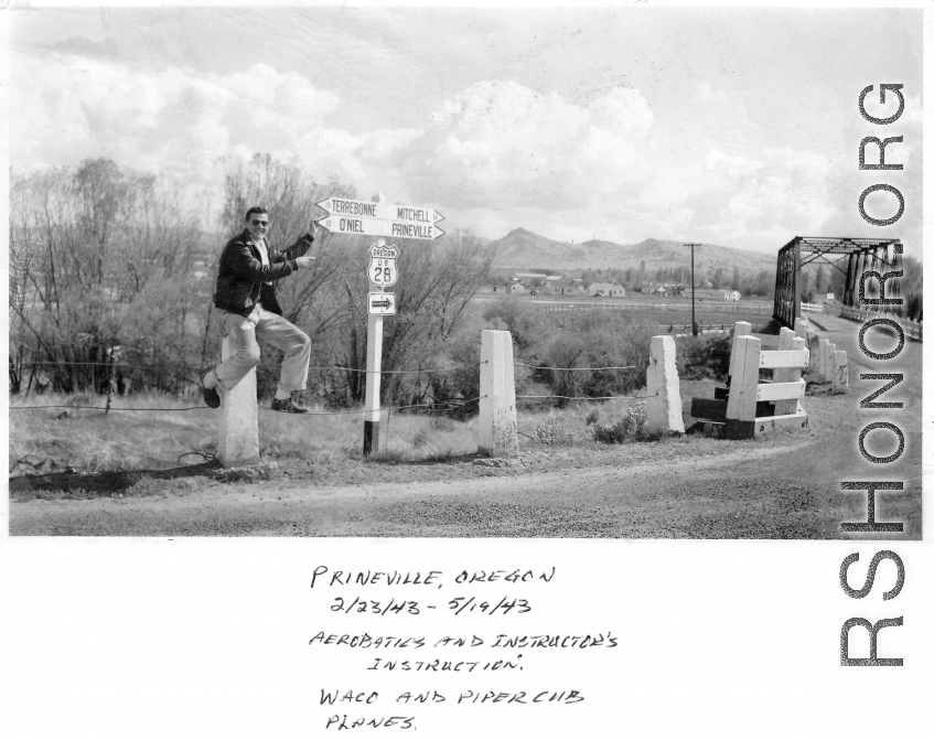 Pilot Richard D. Harris seeing the sights in Prineville, Oregon, during WWII.