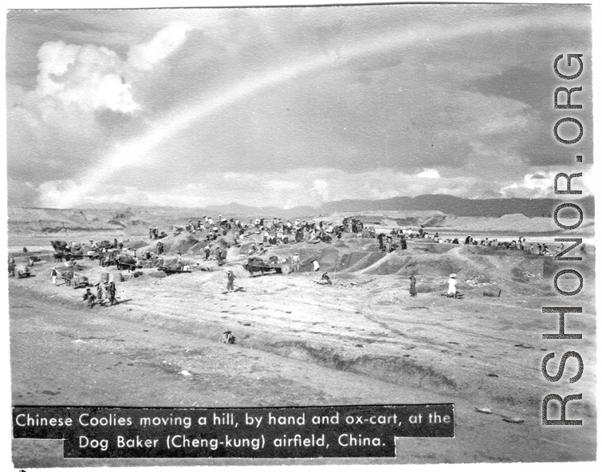 Workers removing hill by hand labor at Chenggong (Dog Baker) air base during WWII.