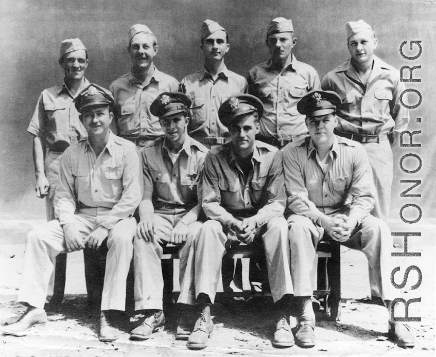 "The best crew in World War II!"  McCoy's Crew at Gaya Air Base in 1943 (both images):  Back row l to r: Thomas L. Grady, (Tail Gunner); Roy A. Whistle, (Radar); Russell F. Doman, (Engineer); Lester V. Bebout (Gunner); Sibulski (Gunner)  Front: Earl Rambow (Navigator). John R. Miller (Co-Pilot), Edward L. McCoy (Pilot), Robert 'Mac' McIntosh (Bombardier)