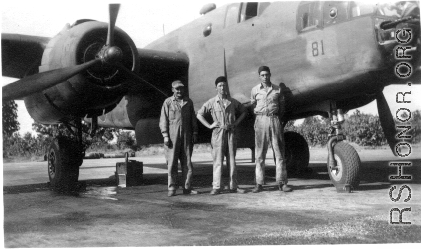 Mike, Jim, Frank Bates, Chaukulia, India, 1943. 491st Bombardment Squadron.  [On copy mailed home from China in 1944]  Mike & Jimmie Lane are long hone home.  That's Carmen there.  I hear the old gal is still going strong in India.  The picture is over a year old, back in the good old days.