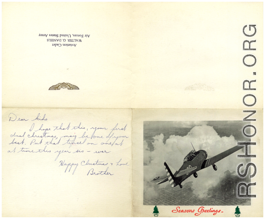 Christmas letter from aviation cadet Walter G. Daniels during WWII.