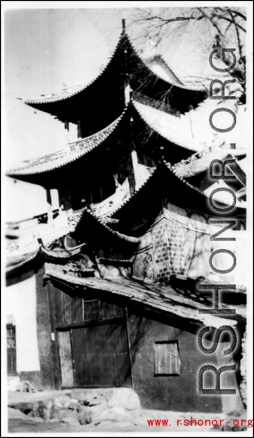 An elaborate building in SW China, possibly a temple or bell tower or similar. During WWII.