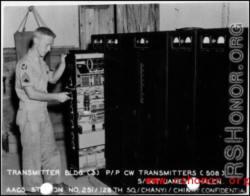 Transmitter building, air-ground and PX point-to-point CW transmitters. S/Sgt. James Whalen(?). AACS Sta. No. 251, 128th Squadron, Chanyi, China.
