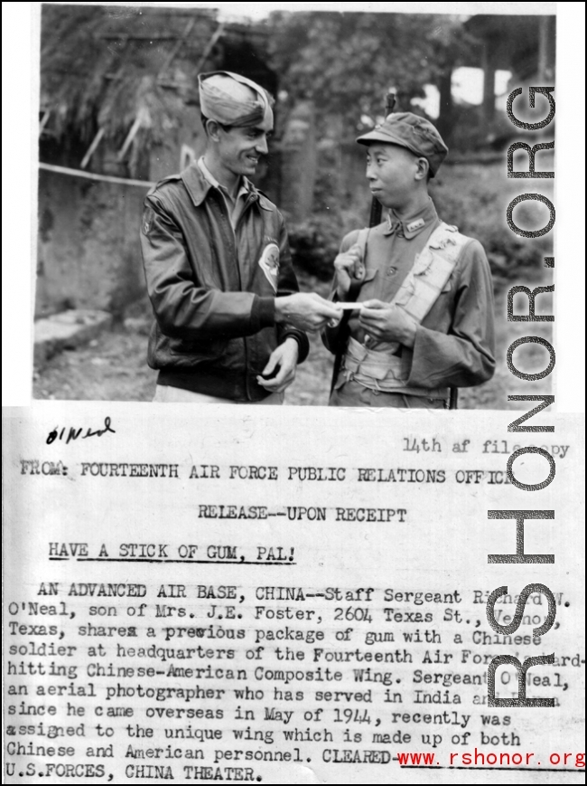 Staff Sergeant Richard W. O'neal shares stick of gum with Chinese soldier. Sgt. O'neal, assigned to CACW, was an aerial photographer who had served in India and China.