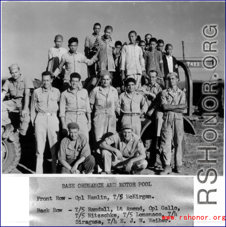 Chinese and American members of base ordnance and motor pool pose in the CBI during WWII.