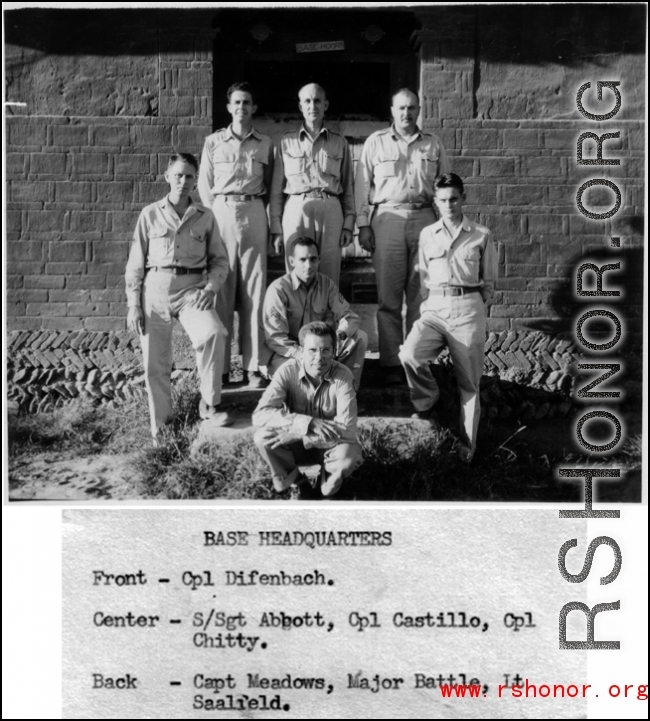 Base HQ staff pose on steps for a photo in the CBI during WWII.