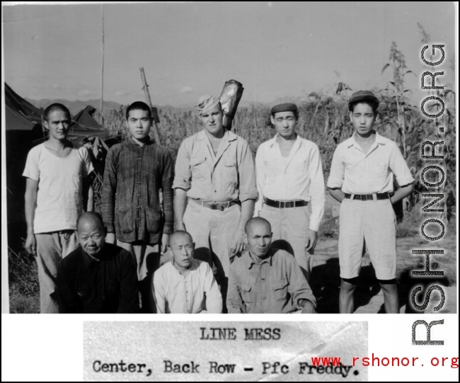 Line mess, Pfc Freddy, along with Chinese staff. This may be Suichuan, Jiangxi, air base. During WWII.