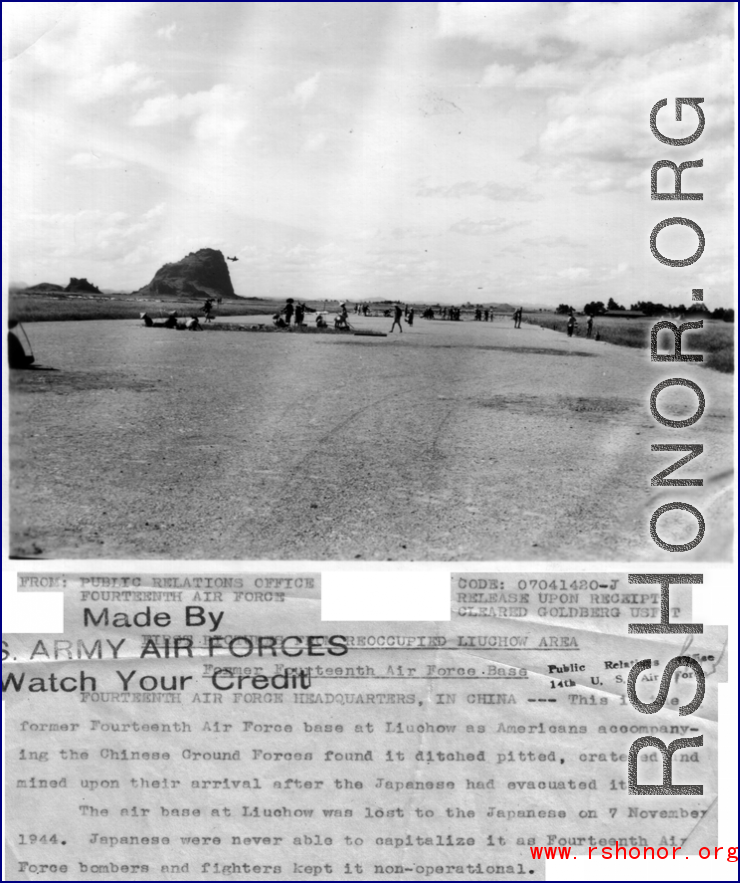 This is the Fourteenth Air Force base at Liuchow [Liuzhou] as Americans accompanying the Chinese Ground Forces found it ditched, pitterd, cratered, and mined upon their arrival after the Japanese had evacuated it.