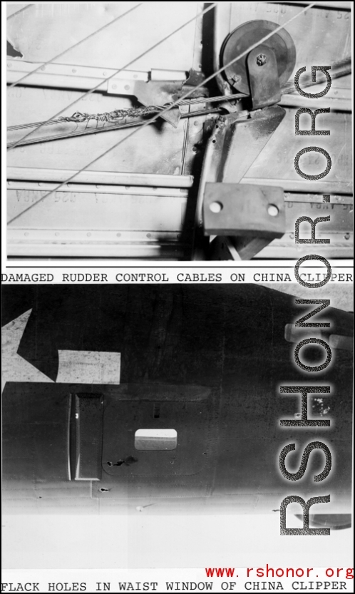 Flak damage to the B-24 "China Clipper" as photographed after the fact by Hal Geer, who had also been holding a camera on the plane at that location, at the waist window, when the plane was hit in flight, and the camera in his hands (and held to his face) had been destroyed by the flak, saving his life at the same time.