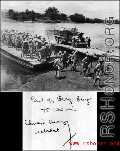 Chinese retreat about 75-100 miles each of Lingling in the fall of 1944, crossing a river by ferry.