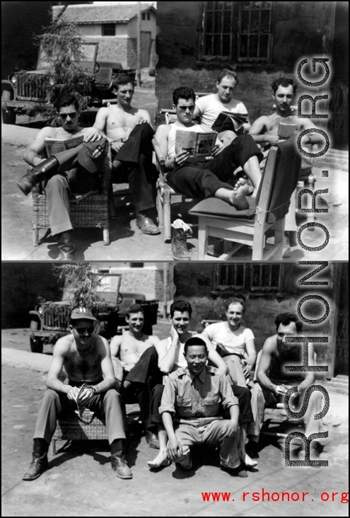 American GIs read (top image), and pose with Chinese staff person, at an American base in China during WWII.
