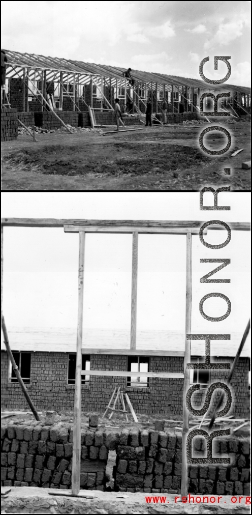 Barracks buildings under construction at an American base in China during WWII.