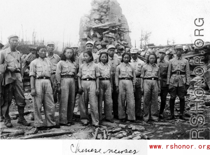 Chinese nurses, probably in battle-wrecked Tengchong, Yunnan province, China, during WWII.