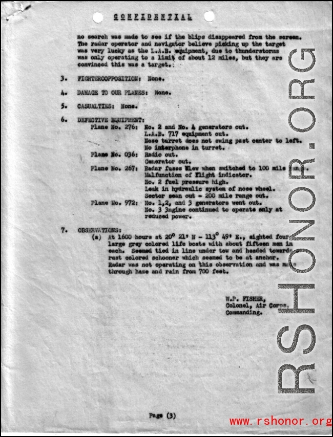 Final page of report on group mission no. 131, SEA SEARCH OVER SOUTH CHINA SEA, 5 June 1944.