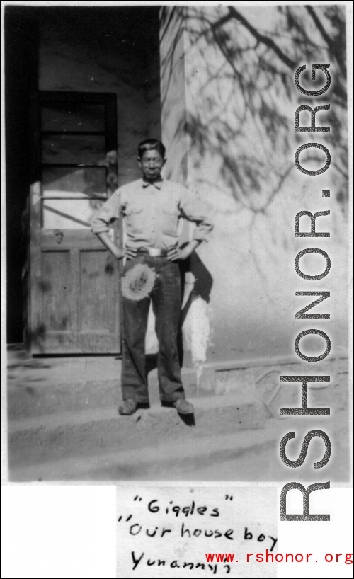 "'Giggles,' our houseboy in Yunnanyi." (Yunnan, China). During WWII.