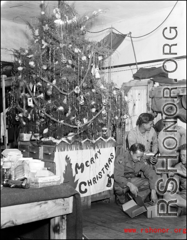 Christmas 1944 in one of the 491st Bm Sq enlisted men's hostels at Yangkai base, Yunnan province, China.