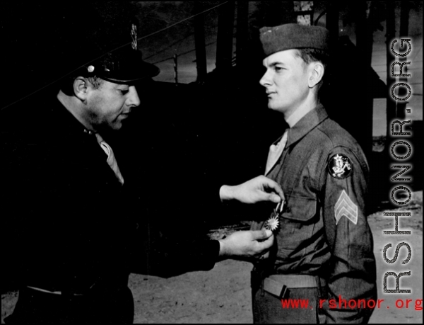 An American soldier receiving an award in the CBI.  (Image from the collection of Eugene Wozniak)