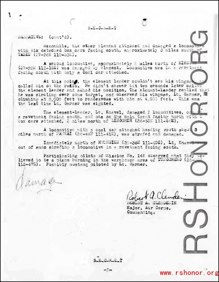 Page 2 of mission report #143 which mentions the loss Ernest W. Garner in China during 1945. 