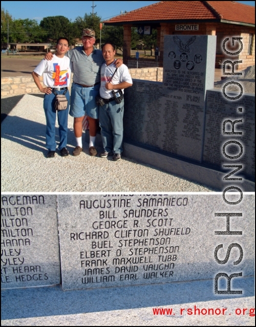 HUANG Xiling and SUN Hong with James Vaughn's cousin Jim Brunson in Bronte, Texas, at a memorial marker, in 2002. This was part of our project visit to learn more of the story of James Vaughn and the impact of his loss.  Photo by Patrick Lucas.