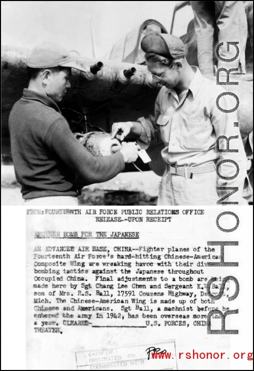 Sgt. Chang Lee Chen and Sgt. K. W. Ball make final adjustments to bomb for dive-bombing in the CACW during WWII in China.