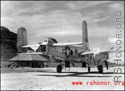Aircraft 43-4628, an 11th Bomb Squadron B-25H, is parked somewhere on Luichow Airfield.    From the collection of Hal Geer.