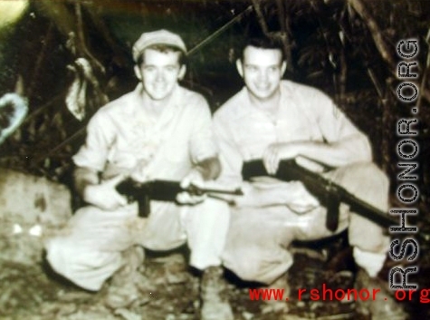 Staff Sgt John "JACK" Flynn (left) and friend in Burma during WWII.  He was a member of the 998th Signal Corp, and served duty in Central Burma. It was hard service, and Sgt. Flynn experienced illnesses, and was even kicked by a mule at one point.