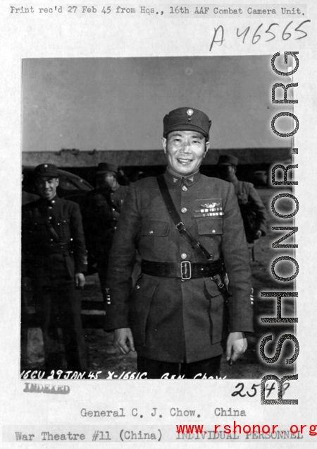 General C. J. Chow (Zhou Zhirou; 周至柔)  in China during WWII, on January 29, 1945.  Photo by 16th Combat Camera Unit, provided courtesy of Tony Strotman.  In China during WWII.