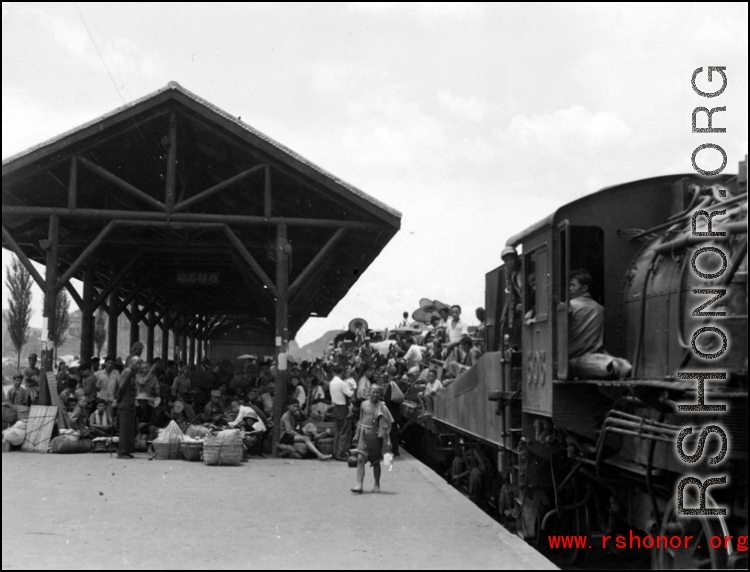 Refugees fleeing at the Guilin train station during the evacuation before the Japanese Ichigo advance in 1944, in Guangxi province.  Selig Seidler was a member of the 16th Combat Camera Unit in the CBI during WWII.