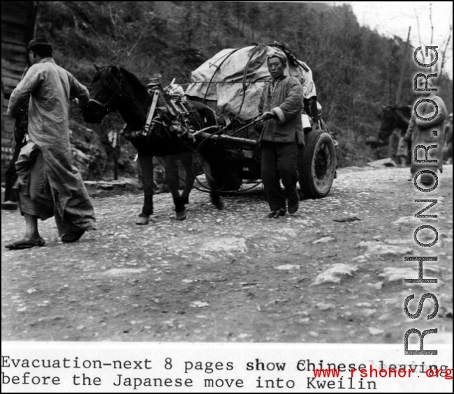 Refugees fleeing Guilin city (Kwelin) area during the evacuation before the Japanese Ichigo advance in 1944, in Guangxi province.