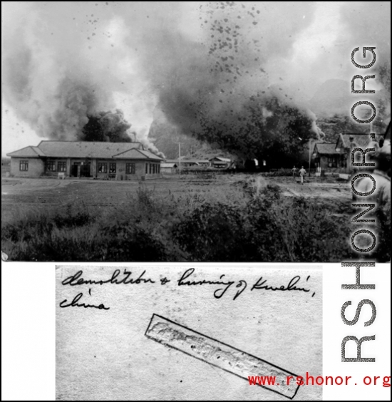 Burning the American airbase at Guilin during the evacuation before the Japanese Ichigo advance in 1944, in Guangxi province.  Selig Seidler was a member of the 16th Combat Camera Unit in the CBI during WWII.