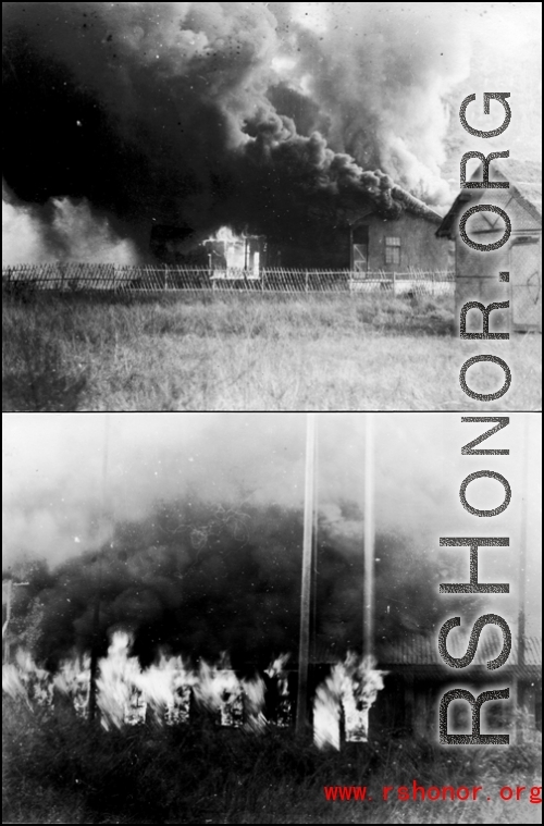Burning the American airbase at Guilin during the evacuation before the Japanese Ichigo advance in 1944, in Guangxi province.  Selig Seidler was a member of the 16th Combat Camera Unit in the CBI during WWII.