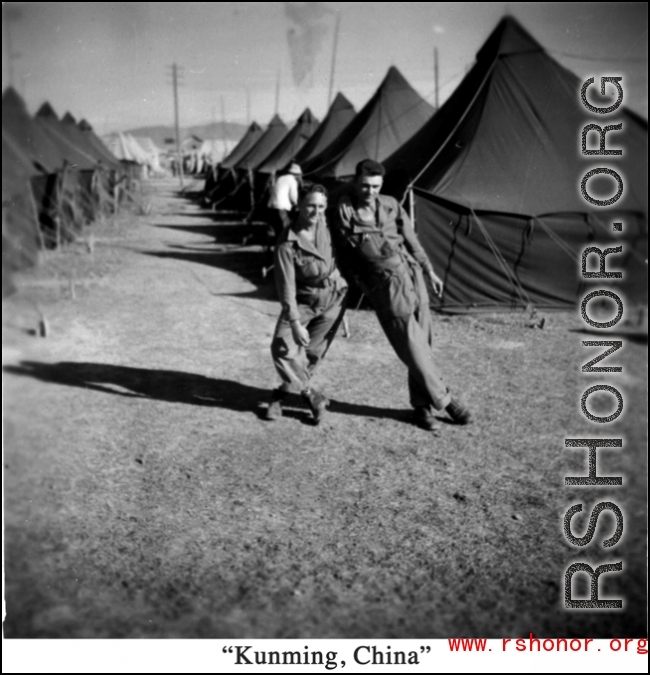 Scenes around Kunming city, Yunnan province, China, during WWII: GIs goof among tents at Kunming.