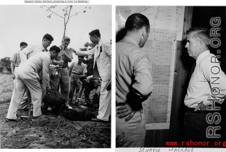 US and Chinese VIPs interact in southwest China during WWII-- Senator Henry Wallace planting a tree on the left, and and looking at a map on the right.  Selig Seidler was a member of the 16th Combat Camera Unit in the CBI during WWII.